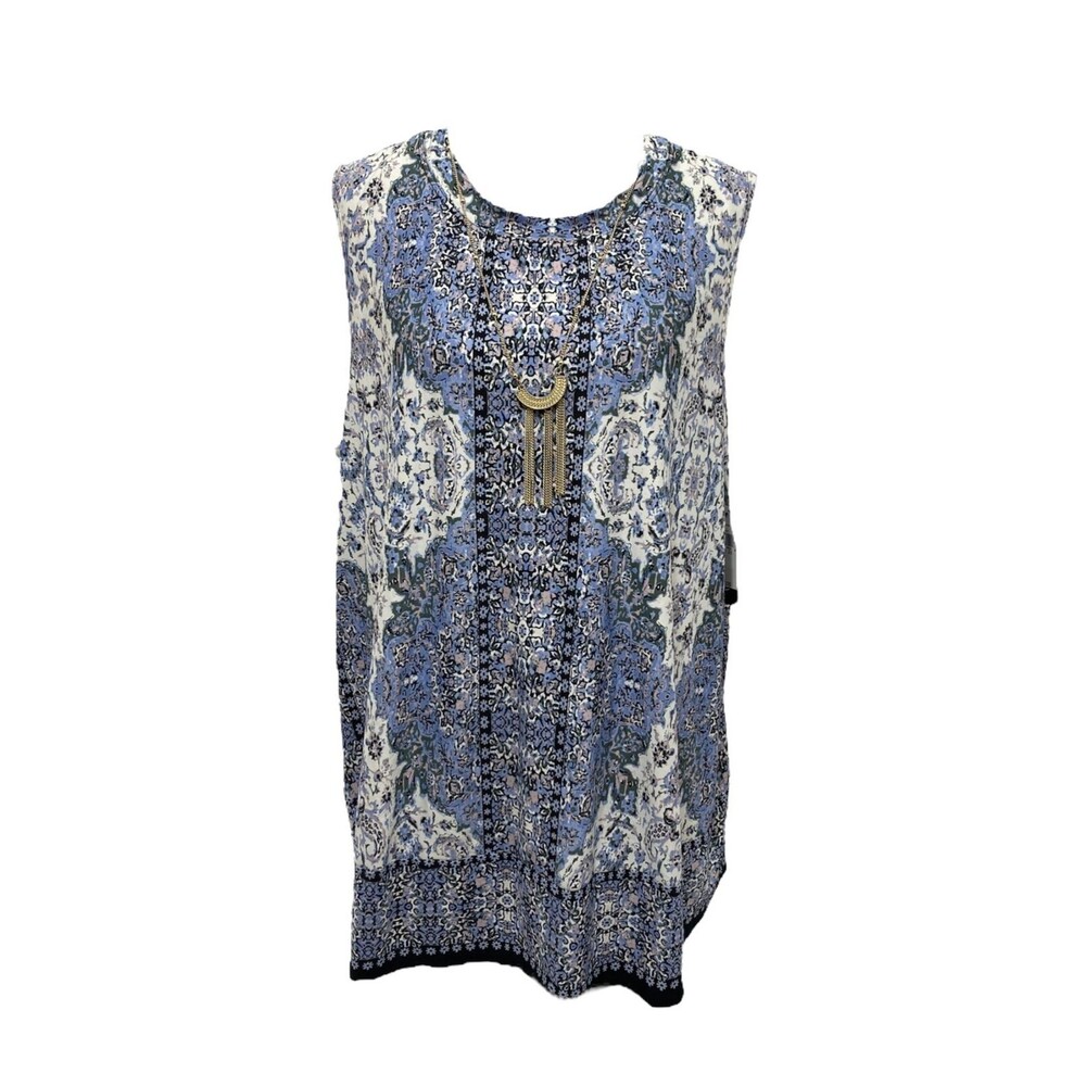 AGB Woman’s Shirt Blue and White Sleeveless Round Neck Built in Necklace Size 3X